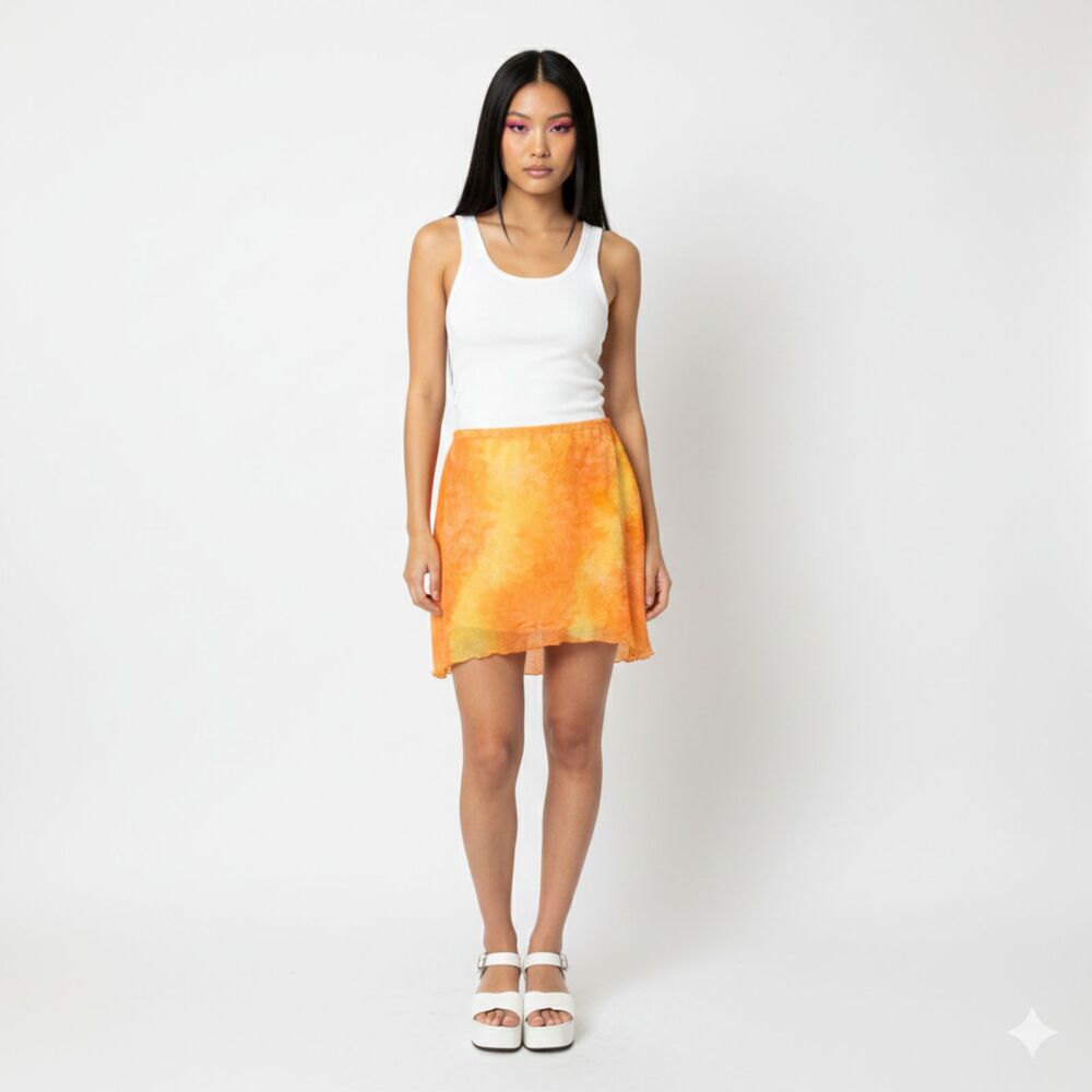 VTG Y2K Rag Orange Yellow Tie Dye High Low Skirt Stretchy Waist Lined Boho Sz L